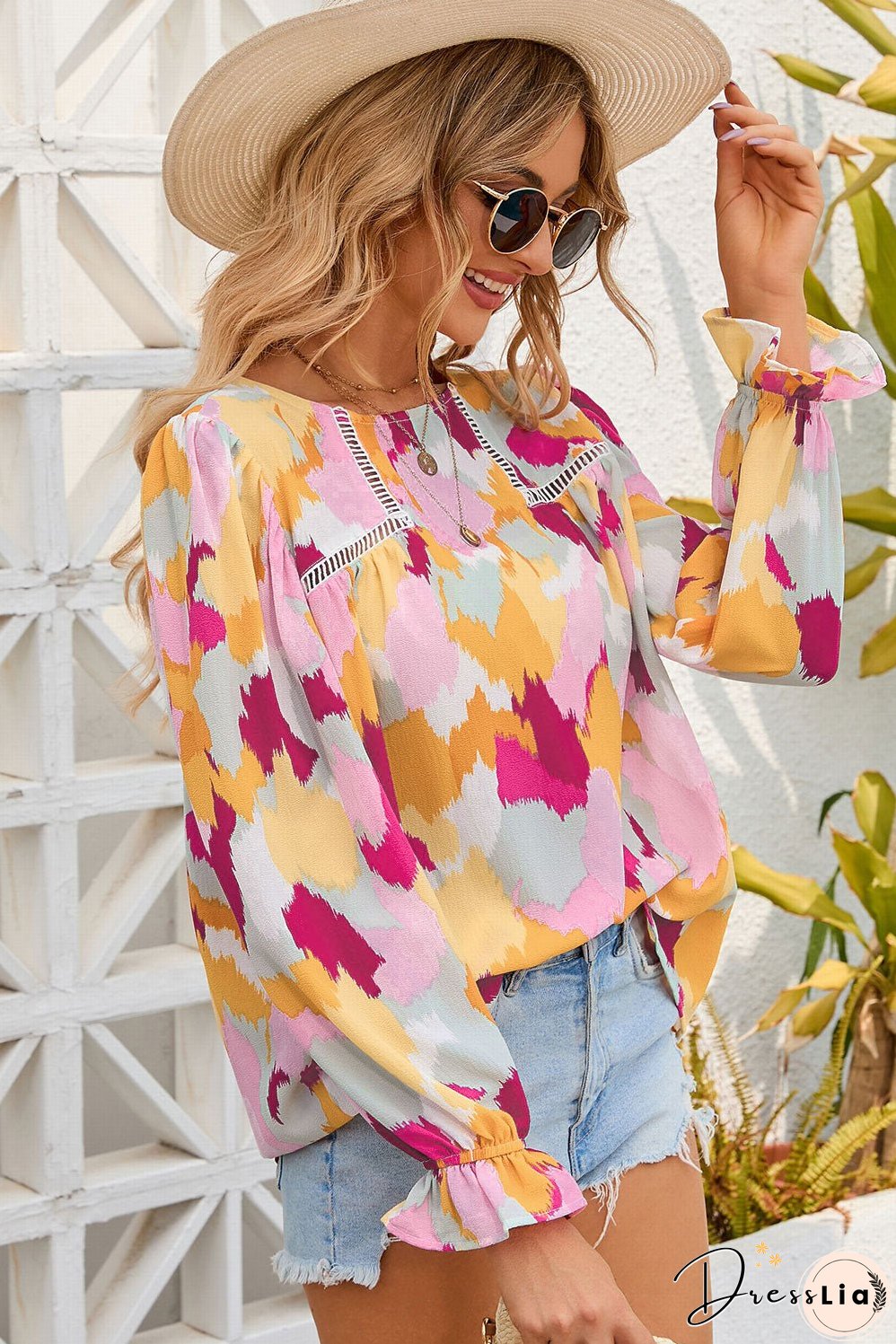 Printed Flounce Sleeve Buttoned Blouse