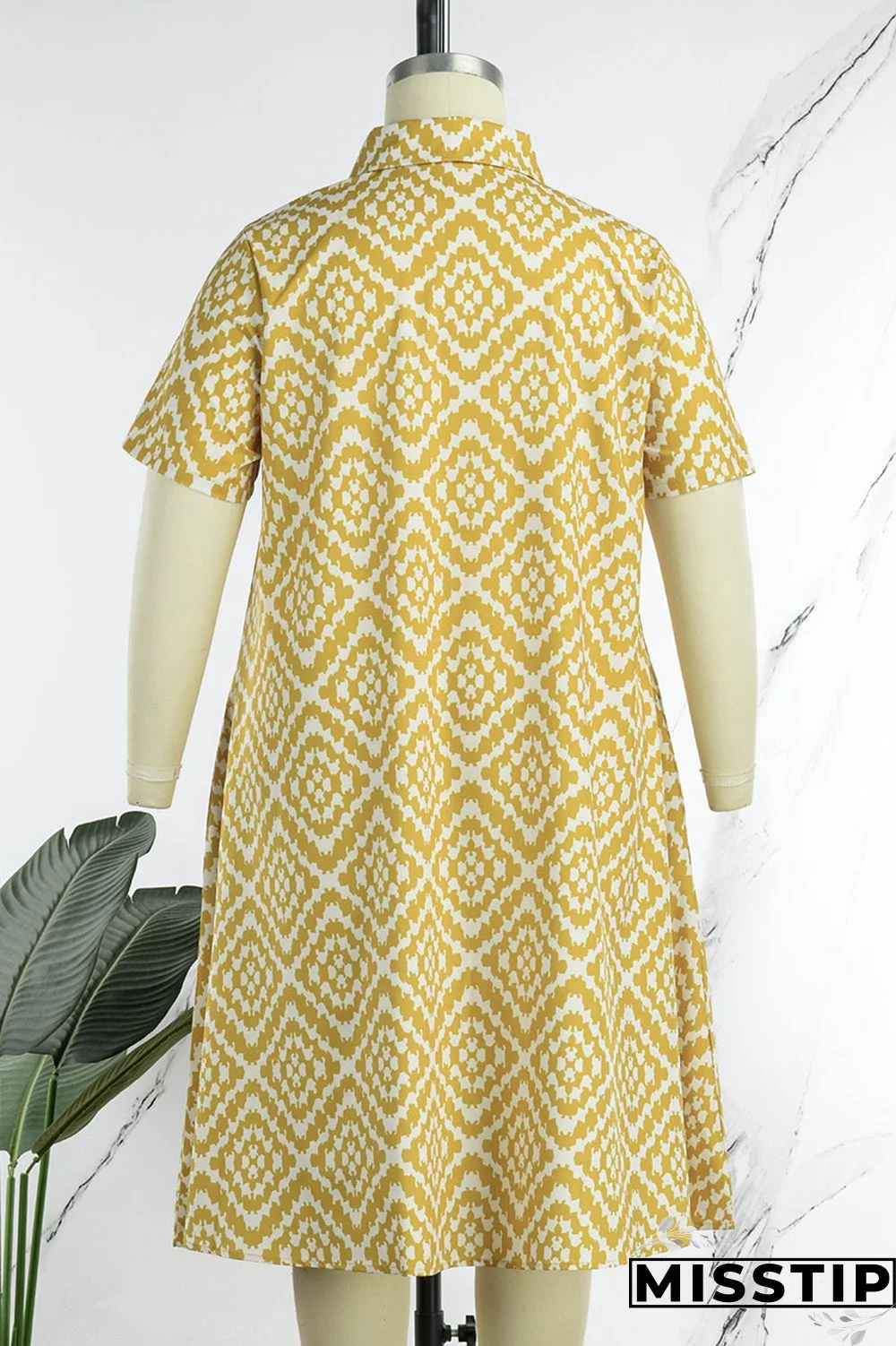 Colour Casual Print Patchwork Turndown Collar Straight Plus Size Dresses