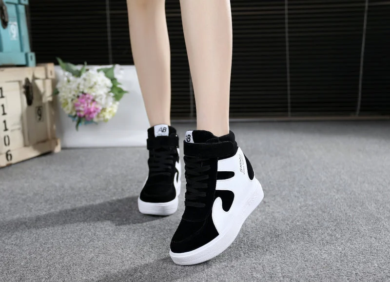 NEW Thick Platform Sneakers Casual Lace-Up Wedges High Heel Womens Sport Shoes Outdoor Black Red Platform Vulcanize Shoes Women