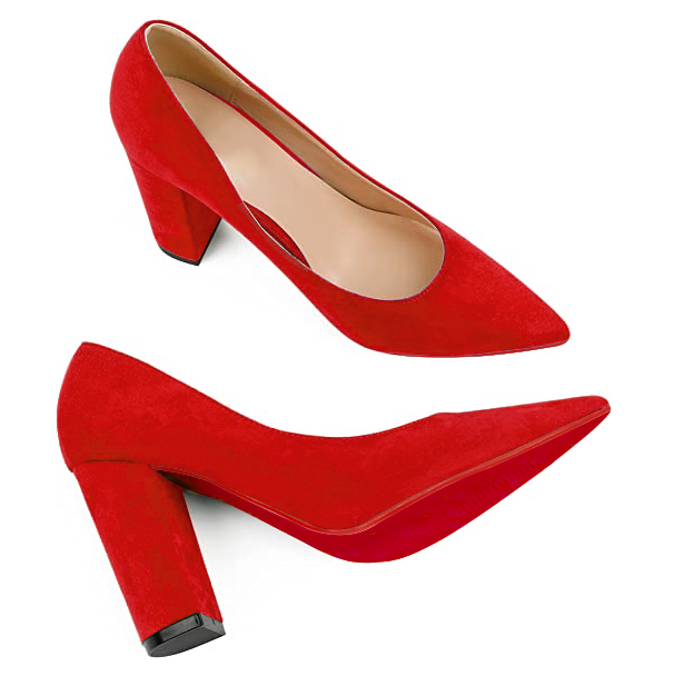 3.5" Women's Chunky Heels Red Bottom Shoes Comfortable Middle Block Heel Suede Pumps-MERUMOTE