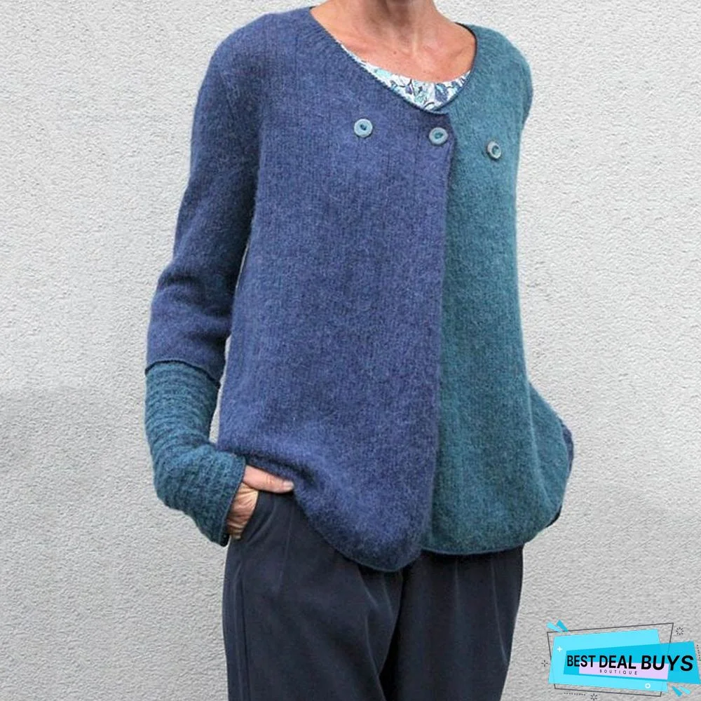 Blue Knitted Casual Sweaters