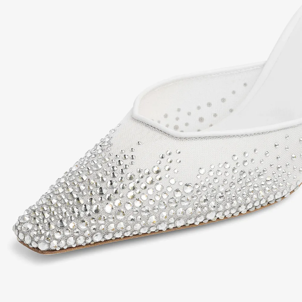 Women's White Pointed Toe Slip On Heeled Mules with Rhinestone