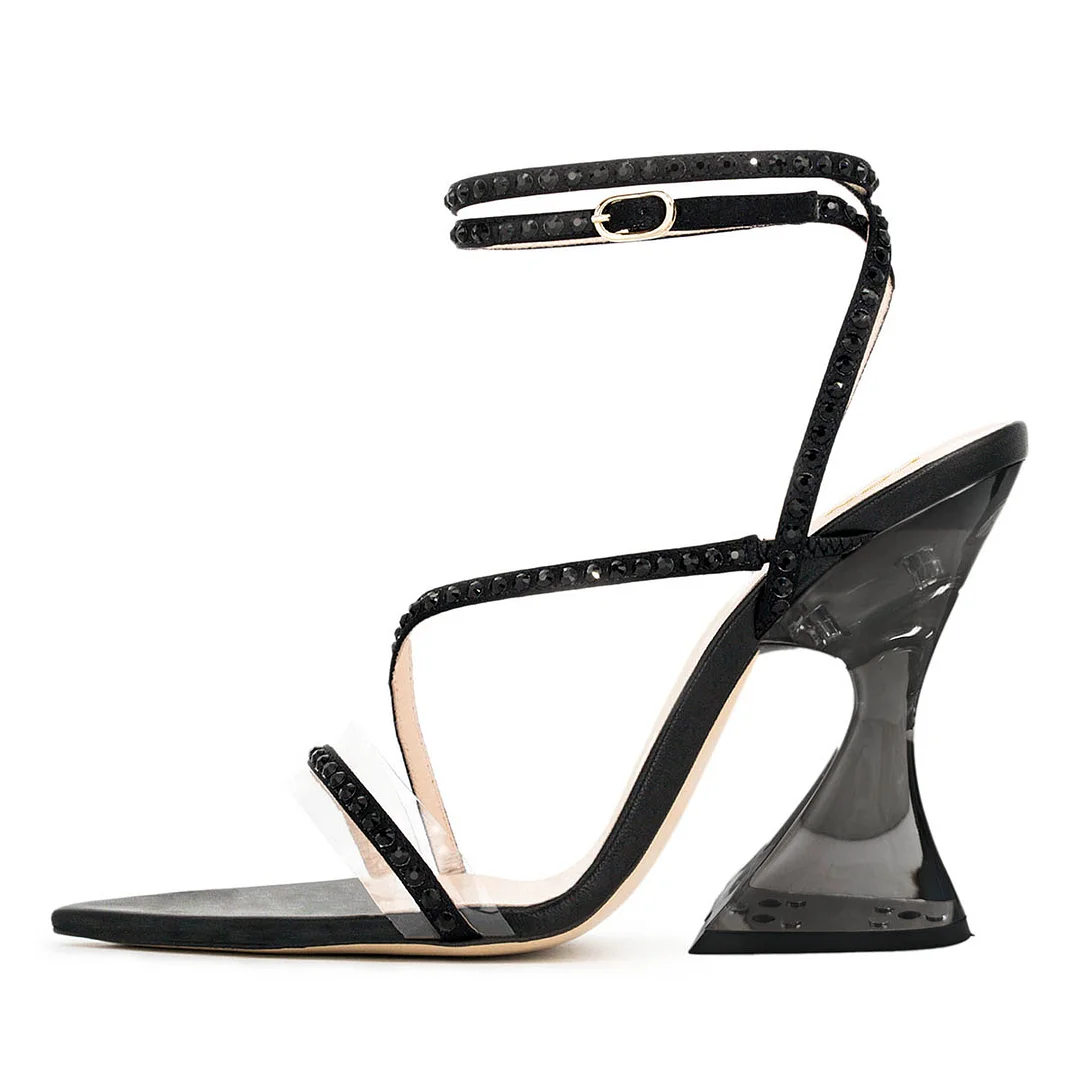 Open Toe Patchwork Studded Ankle Strap Black Heels Sandals