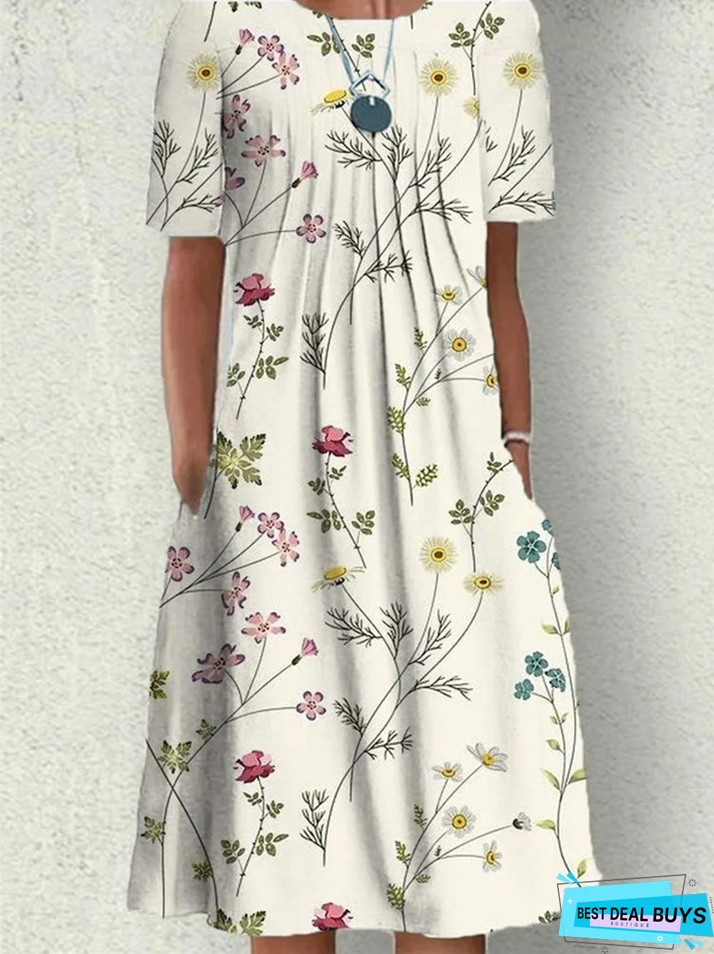 Casual Flower Round Neck Medium Length Straight Dress