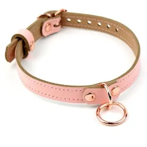 pornhint Pornhint Blush Pink Leather Amare Day Collar with Small Rose Gold O-Ring | Cute Submissive Lockable DDLG Bondage Day Collar | Col39BlPnkRngRg