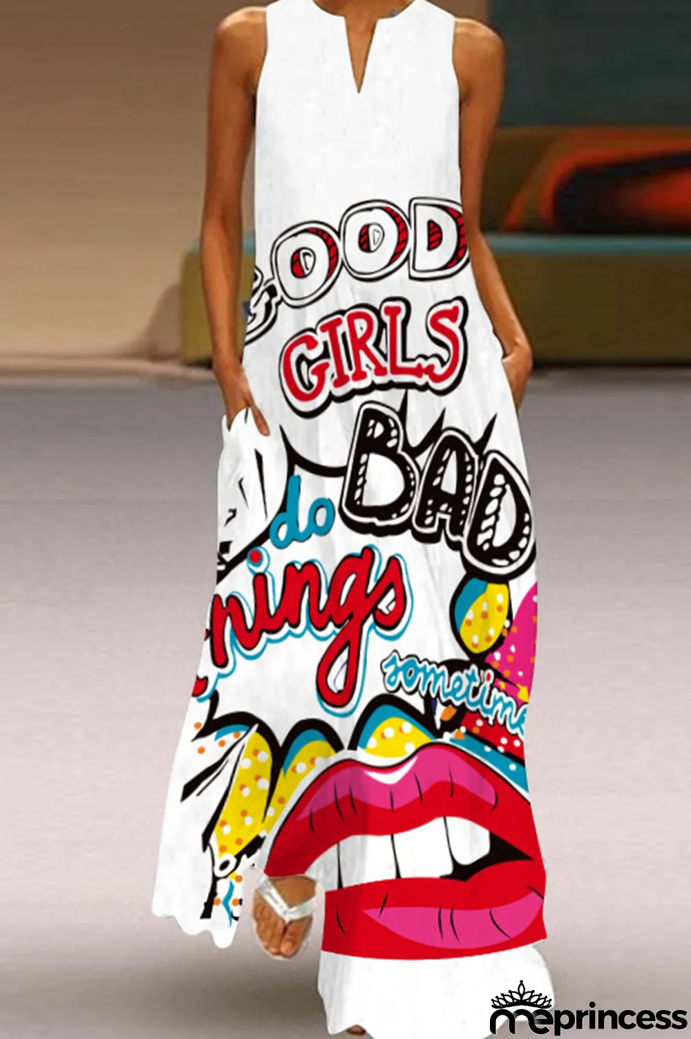 White Casual Print Patchwork V Neck Straight Dresses