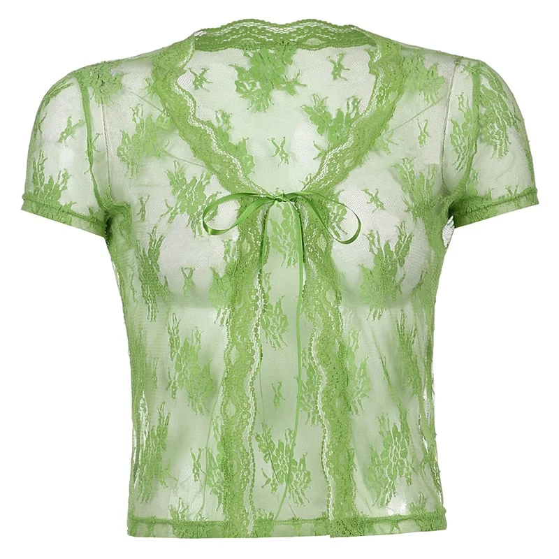 Rapcopter Floral Lace Cardigans Y2K Brown Crop Top Frill Cute T Shirt Tie Up Short Sleeve Tshirt Women Harajuku Tee Top Vintage