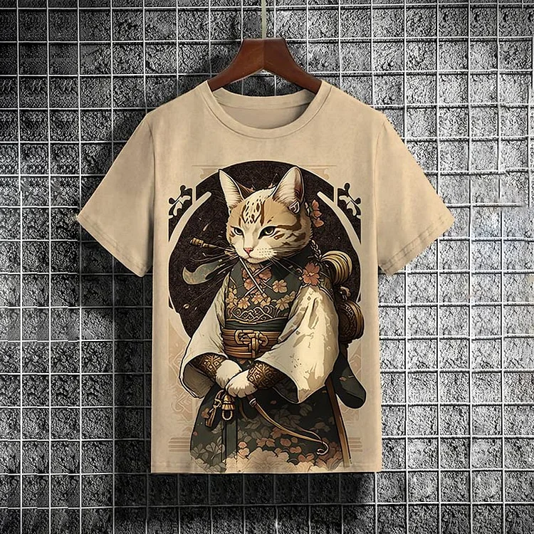 Comstylish Men's Cat Wearing Kimono Print Short Sleeve Casual T-Shirt