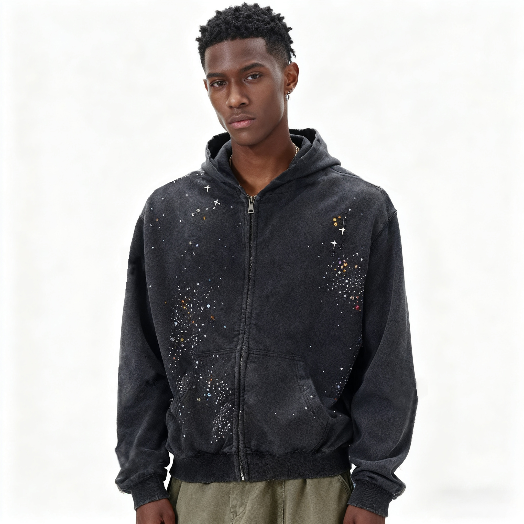 Vintage Sparkle Diamond Distressed Zip-up Hoodie elevenforest