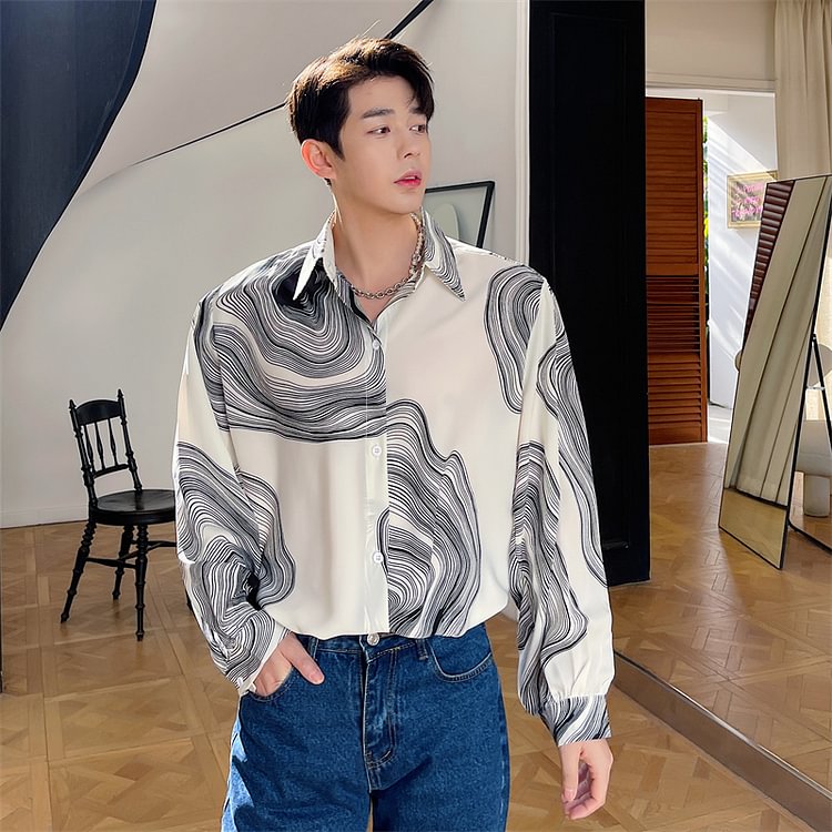 -847P75 Black and White Abstract Contrast Color Original Design Handsome Long-sleeved Casual Shirt-Dawfashion- Original Design Clothing Store-Halloween 2022