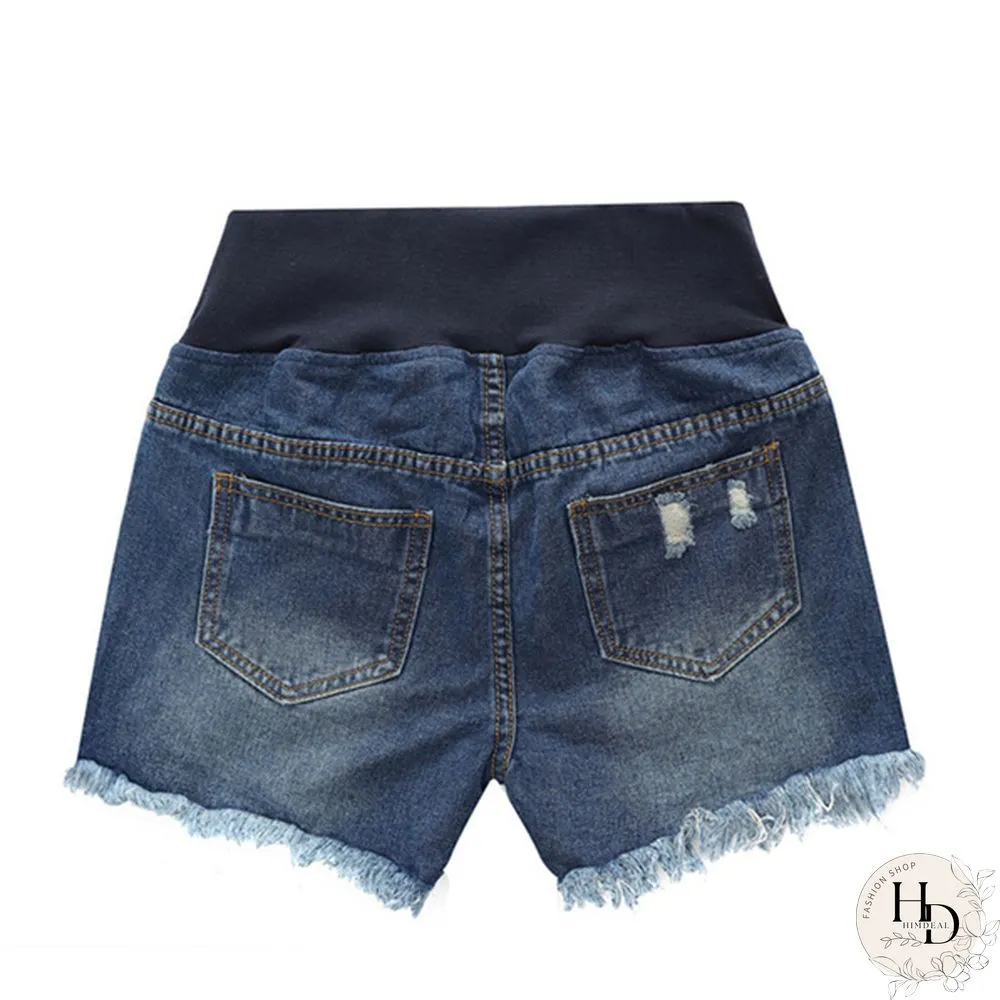 Pregnancy Women's Ripped Denim Shorts Summer Maternity Shorts Pregnant Loose Belly Elastic Jeans