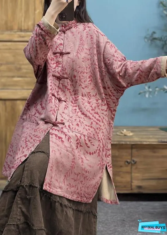 Vintage Pink Print Pockets Cotton Trench Spring