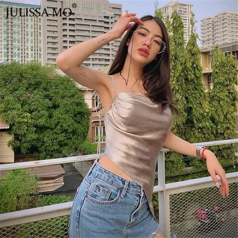 JULISSA MO Satin Asymmetric Sheer Lace Up Bustier Top Women Summer Backless Sexy Camis Female Elegant Purple Streetwear Vest Tee