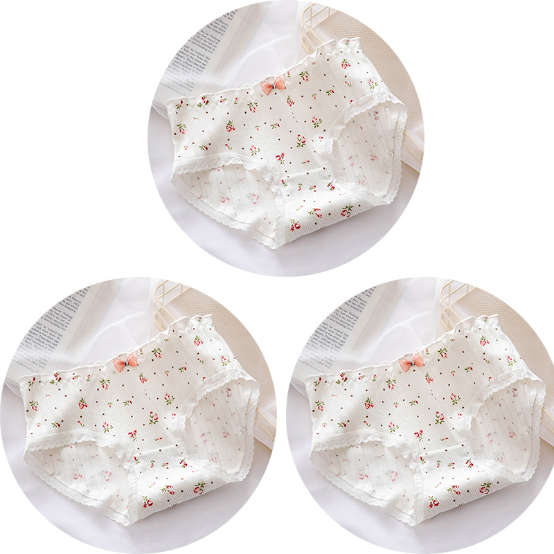 Damokan 3Pcs/set Women Underwear Pure Cotton Lace Comfort Panties Lovely Cute Girl Lingerie Mid-Waist Briefs Floral Bow-knot Underpants