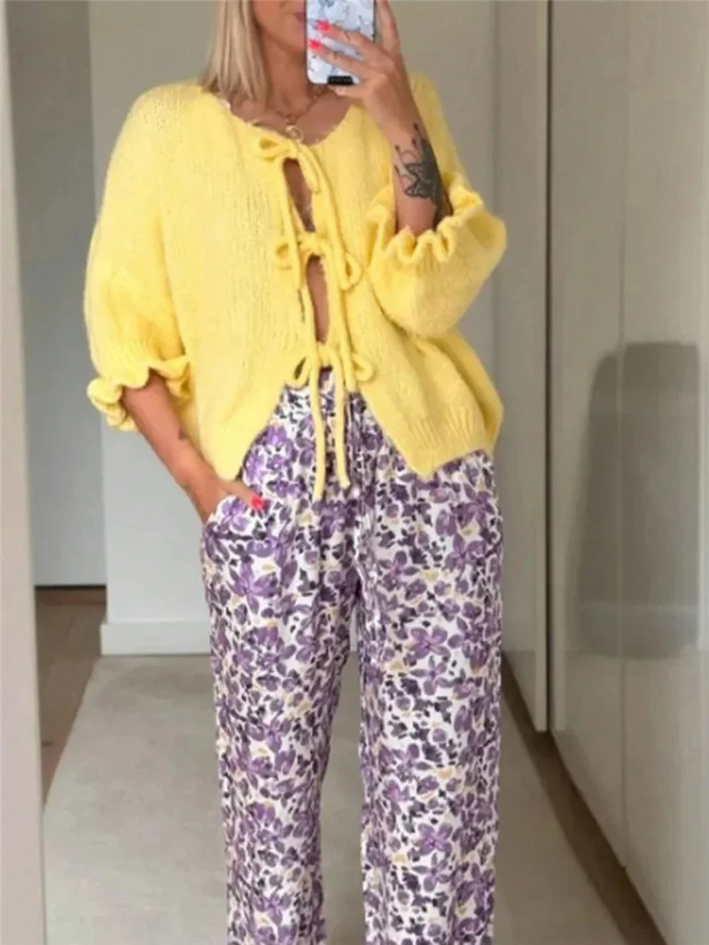 Athvotar Athvotar New Round Tie Nine-Sleeve Rope With Knitted Sweater Lazy Wind Coat