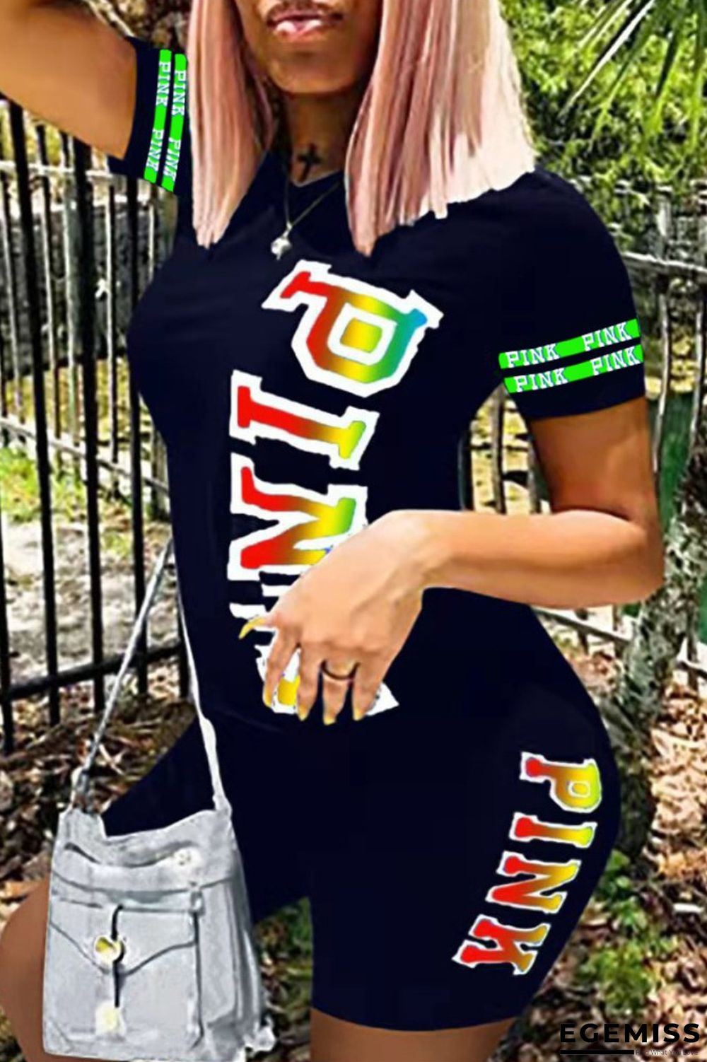 Black Casual Letter Print Patchwork O Neck Plus Size Two Pieces | EGEMISS