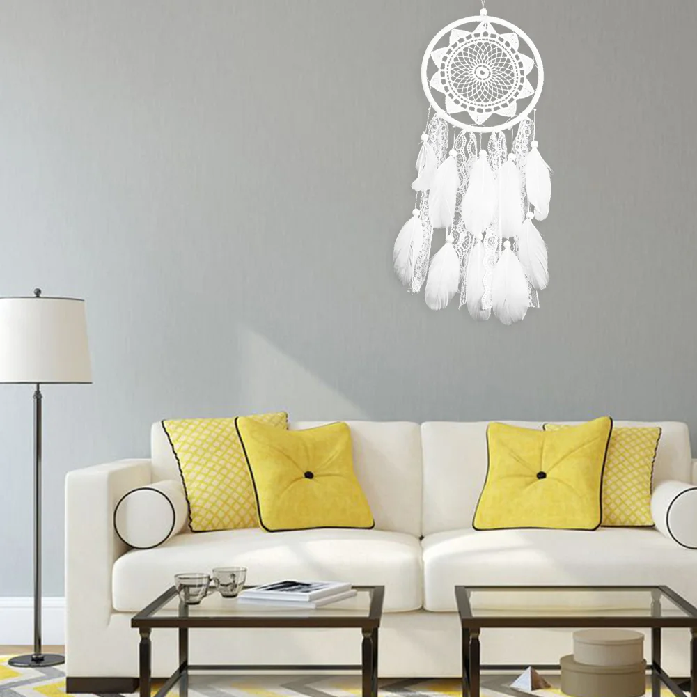 White Dream Catcher Wooden Beads Lace Pendant Feather Wind Chime (MS6060)