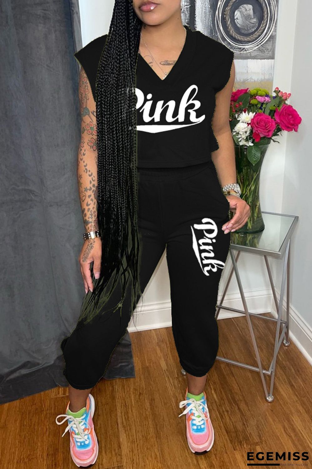 Black Fashion Casual Letter Print Basic V Neck Sleeveless Two Pieces | EGEMISS