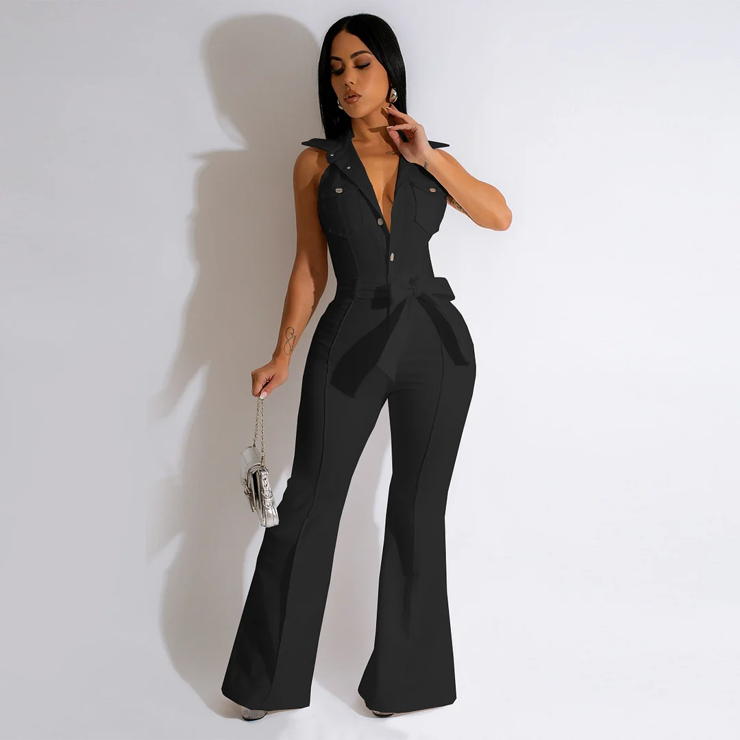 Turn Down Collar Backless with Sashes Flare Jumpsuit