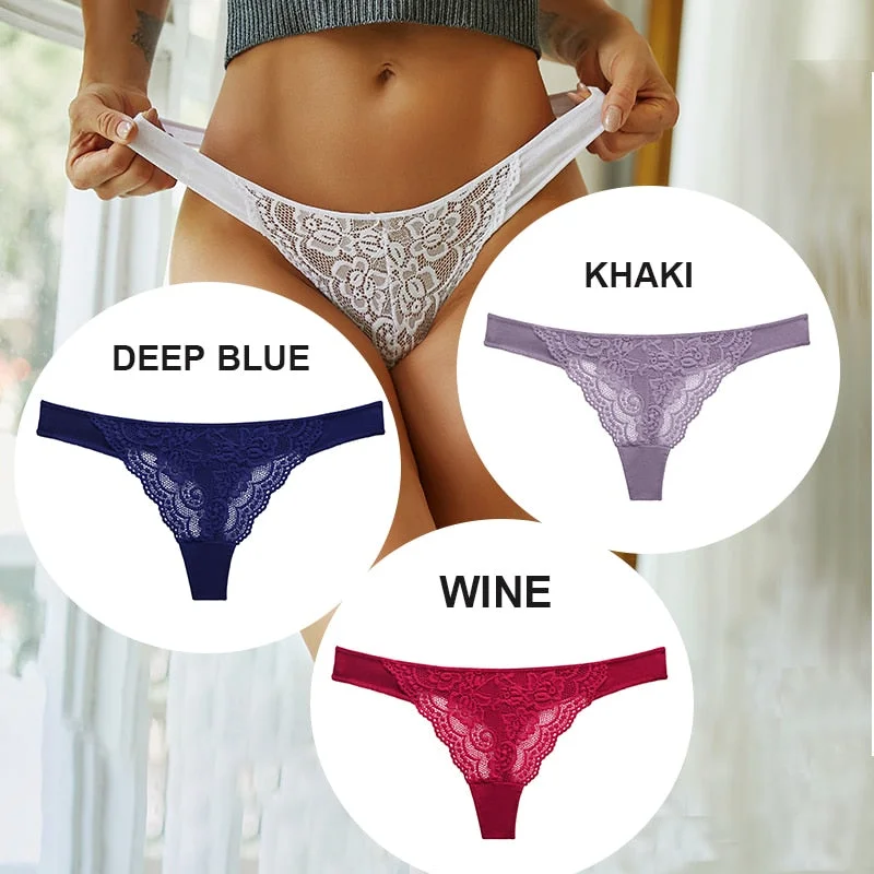 FINETOO 3PCS/Set M-XL Cotton G-string Women Lace Panties Sexy Woman Thong Underwear Lingerie Lace Pantys Femme T-Back Underpants