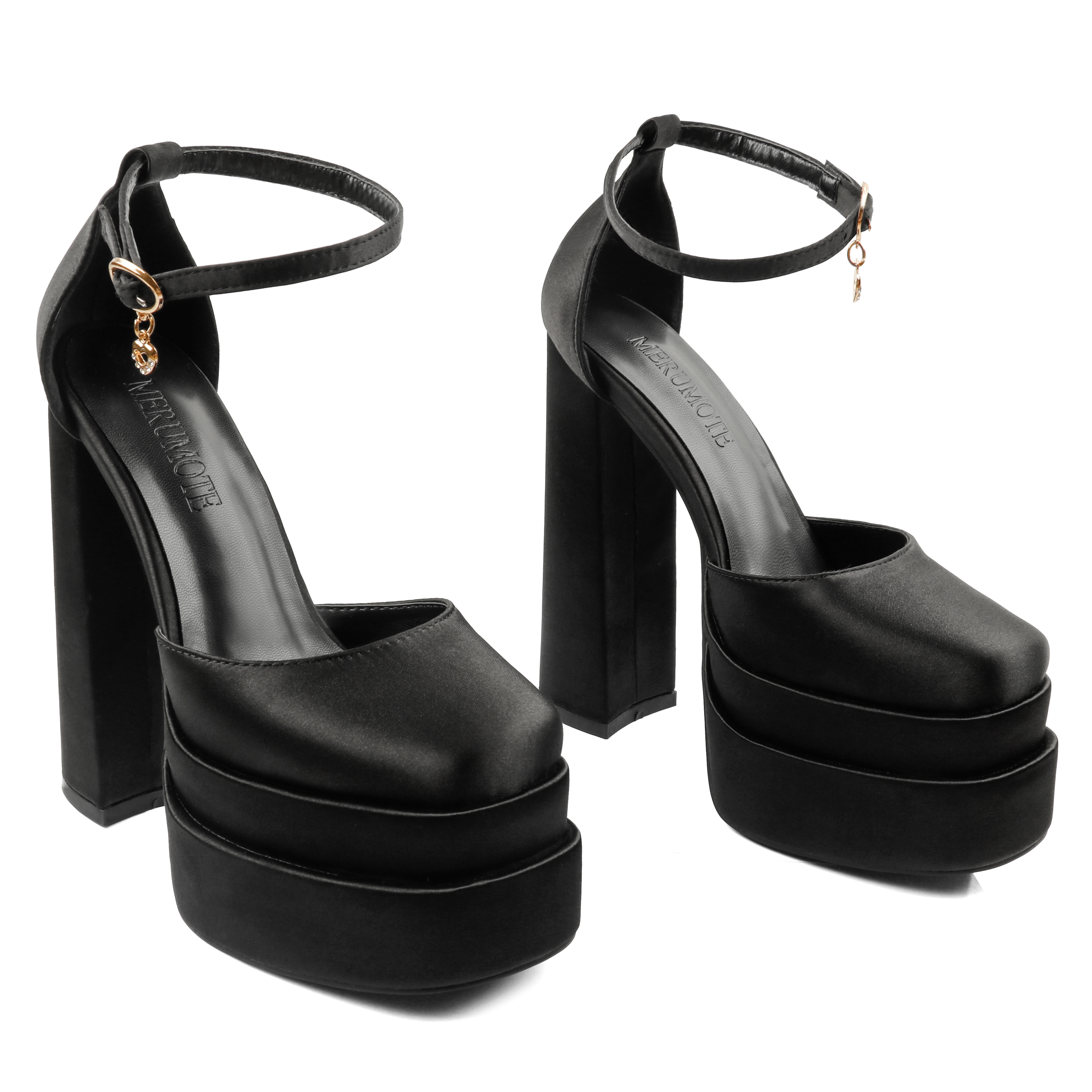 150mm Women's Sexy High Heels Platforms Pumps Square Toe Chunky Block Heels Rhinestone Party Shoes-MERUMOTE