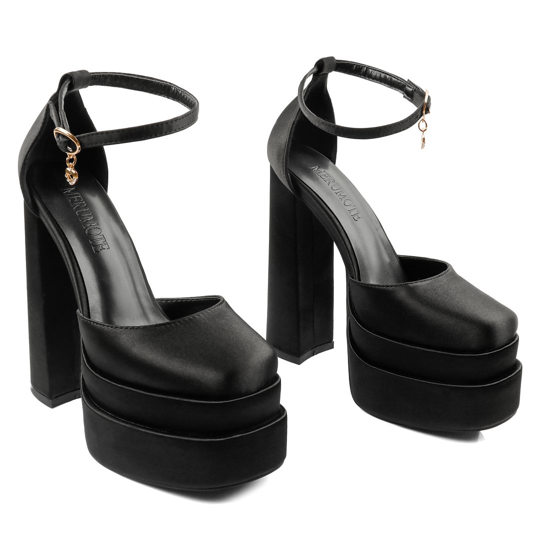 150mm Women's Sexy High Heels Platforms Pumps Square Toe Chunky Block Heels Rhinestone Party Shoes-MERUMOTE