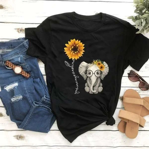 Simple Elephant Sunflower Print T-Shirt