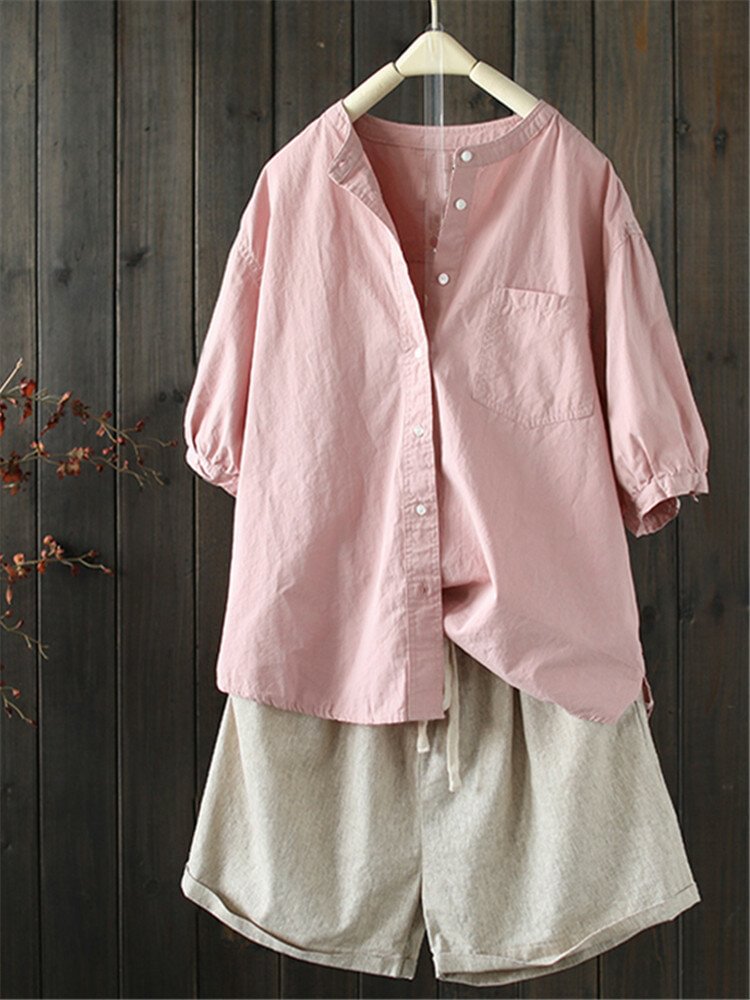 Solid Color Button 3/4 Sleeve Collarless Shirt P1434867