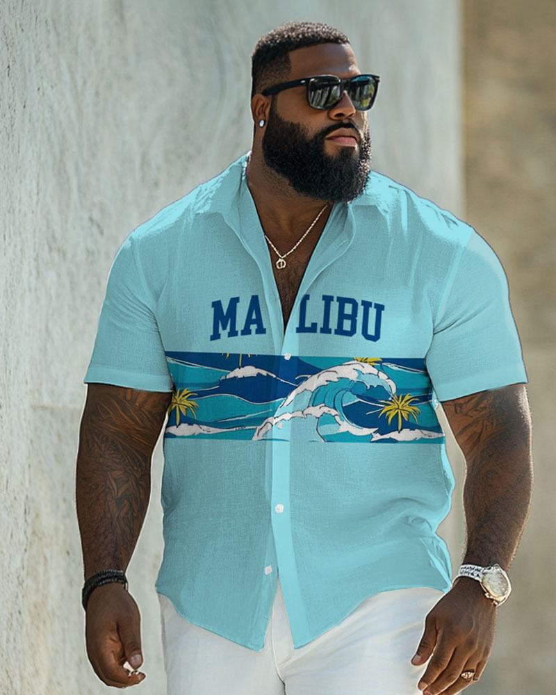 Men's Plus Size MALIBU Wave Tree Print Short Sleeve Shirt