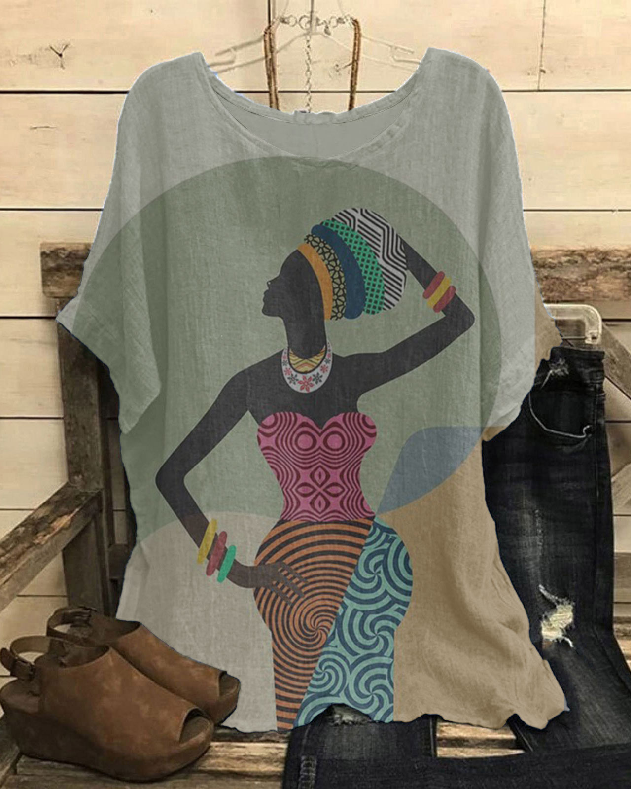 African Girl Colorful Ethnic Print Short Sleeve Casual Linen Blend Tunic
