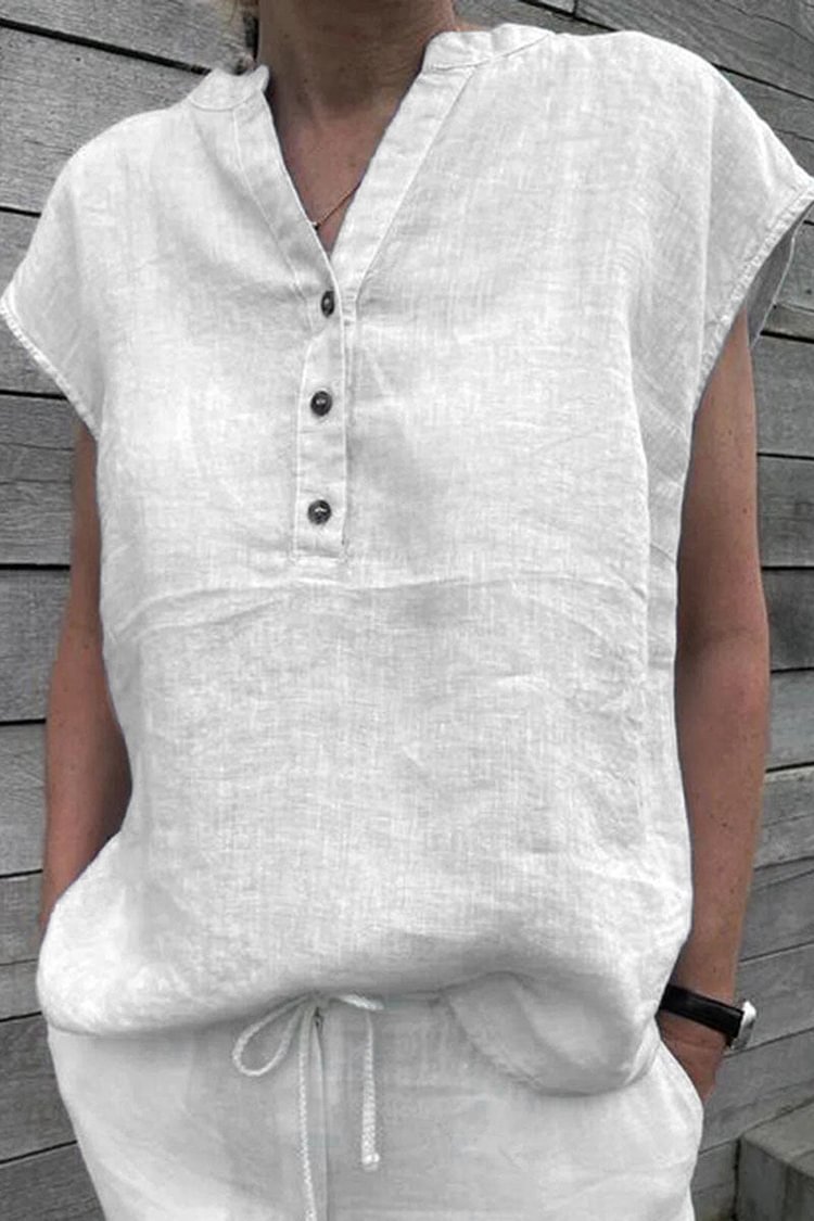 Linen V Neck Half Button Short Sleeve Shirt