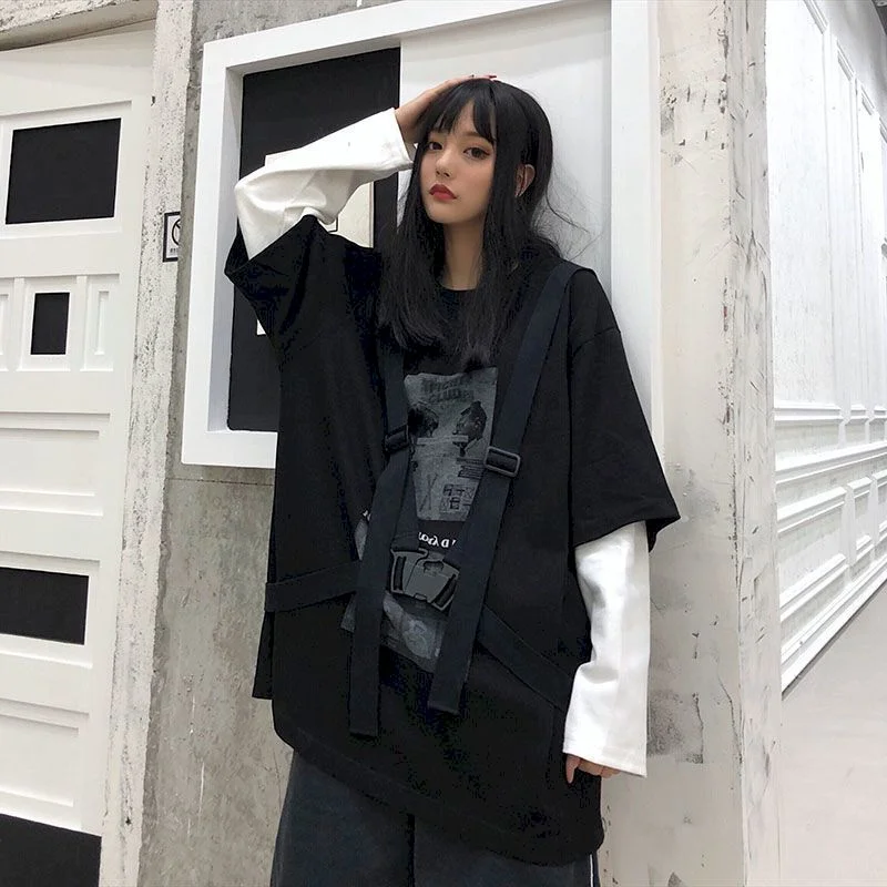 New fake two-piece long-sleeved t-shirt round neck top women OVERSIZE super fire Harajuku couple loose tie rebel printing long-s
