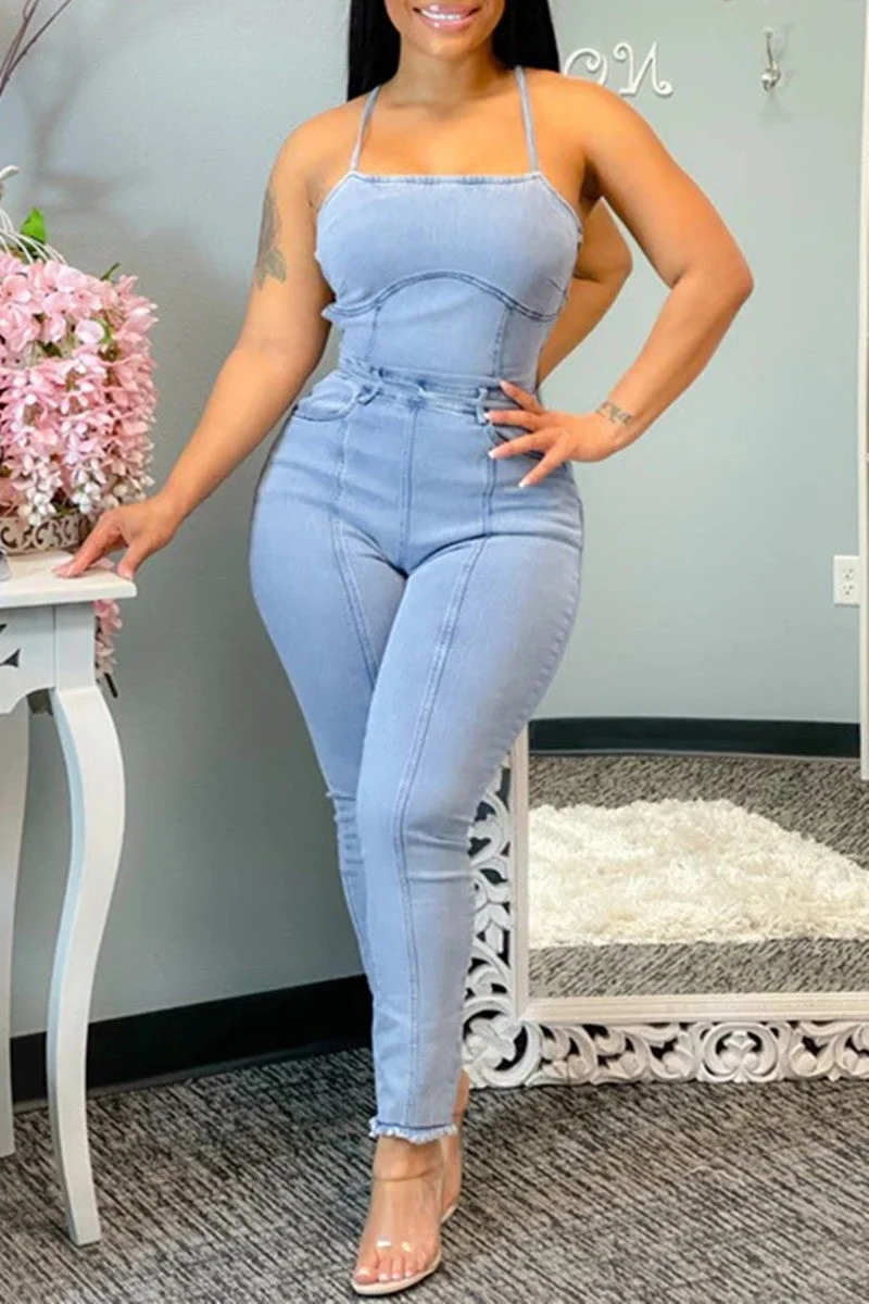 Fashion Sexy Solid Backless Cross Straps Spaghetti Strap Skinny Jumpsuits