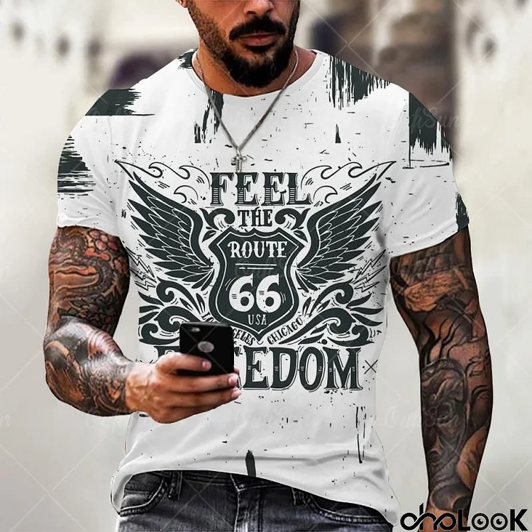 Men Fashion Casual Vintage Basic Letter 3D Print Short Sleeve Round Neck Plus Size T-Shirt