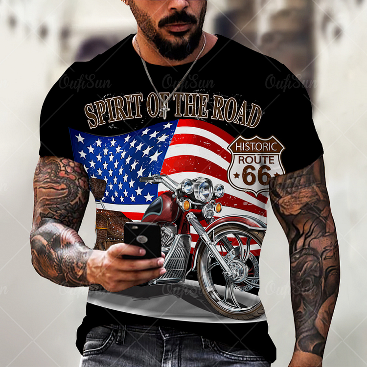 Motorcycle with American Flag Summer Short Sleeve Men's T-Shirts at Hiphopee