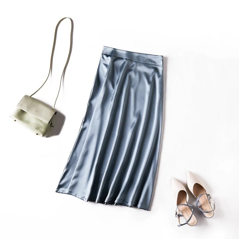 Toppies 2021 Imitation Silk Skirts for Woman High Waist Skirts A Line jupe Female Black Midi Length