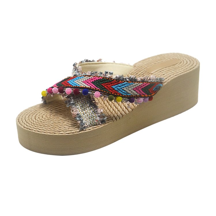 Women's Bohemia Beach Slippers Fashion Cloth Colorful Beads Slope Heel Thick-soled Slippers Summer Outdoor Slippers QueenFunky