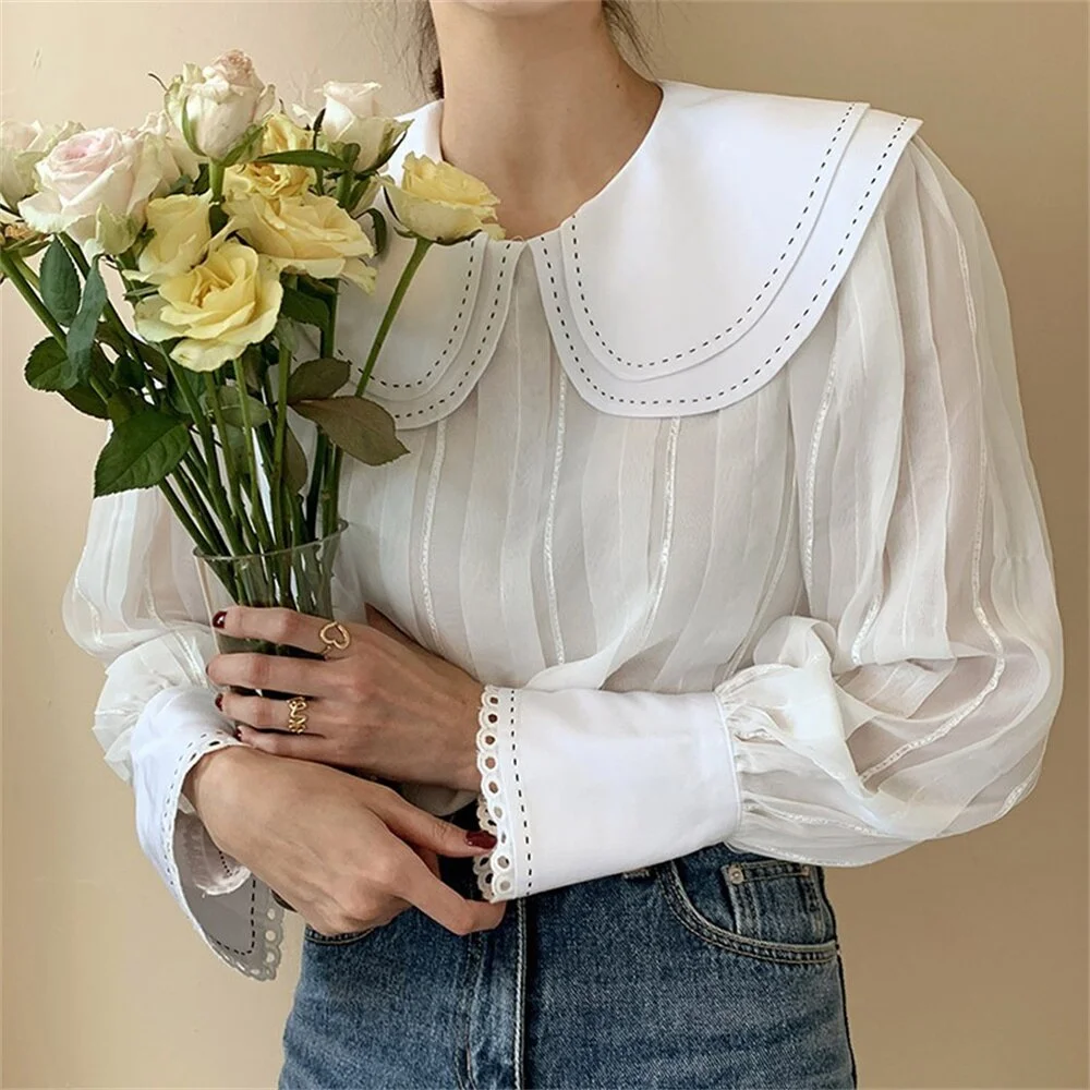 Jangj Alien Kitty 2022 Chiffon Women Blouses Peter Pan Collar Loose Lantern Sleeves Work Wear Chic All Match Streetwear Female Blusas