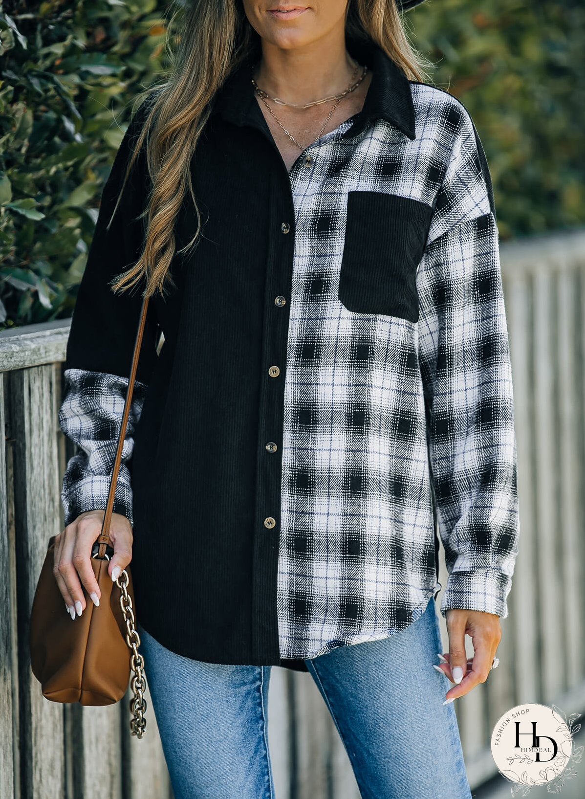 Double Take Plaid Color Block Dropped Shoulder Corduroy Shacket