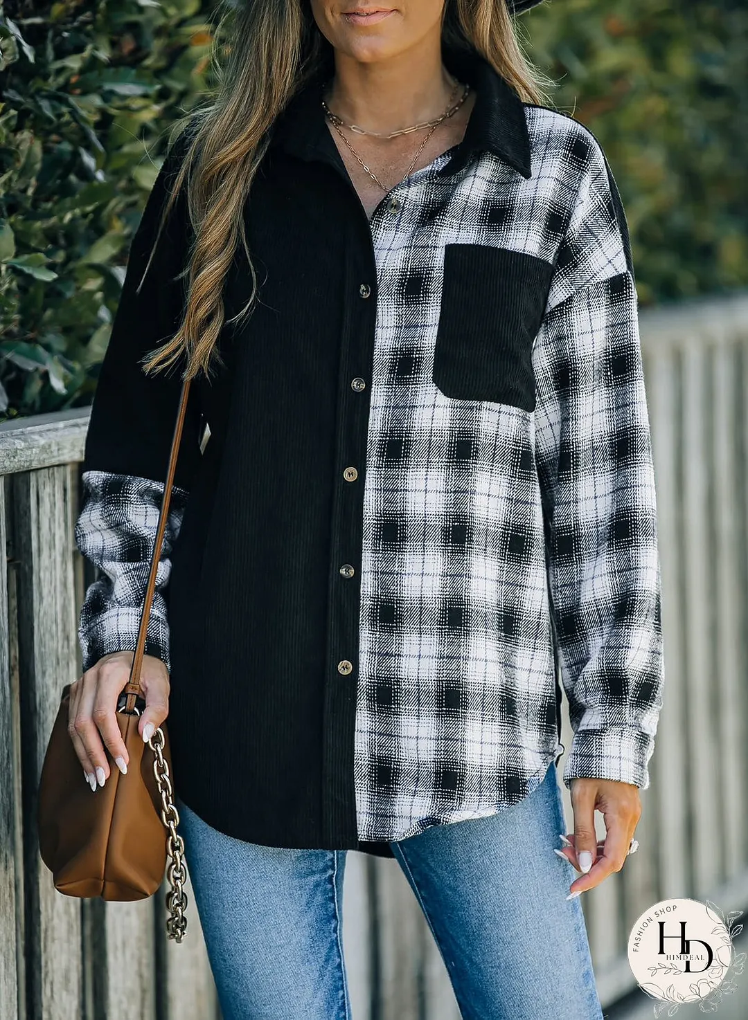 Double Take Plaid Color Block Dropped Shoulder Corduroy Shacket