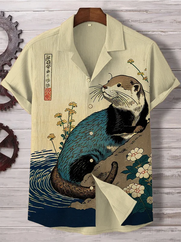 Men's Floral Otter Water Japanese Art Print Short Sleeve Shirt