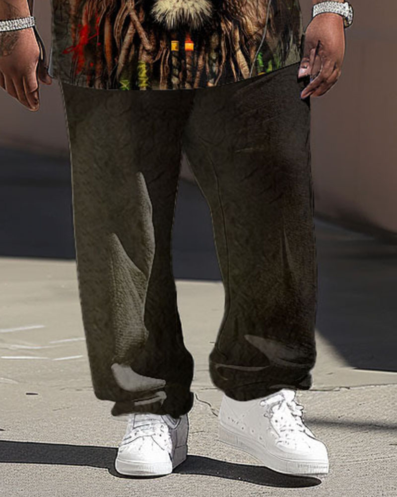 Men Plus Size Street Fashion Graffiti Lion Print T-Shirt Trousers Suit