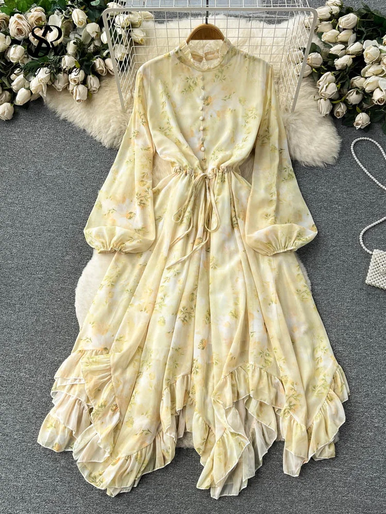 Huibahe France Retro Loose Dress Floral Long Lantern Sleeves Beading Irregular Ruffles Elastic Lace Up Women Vintage Dress