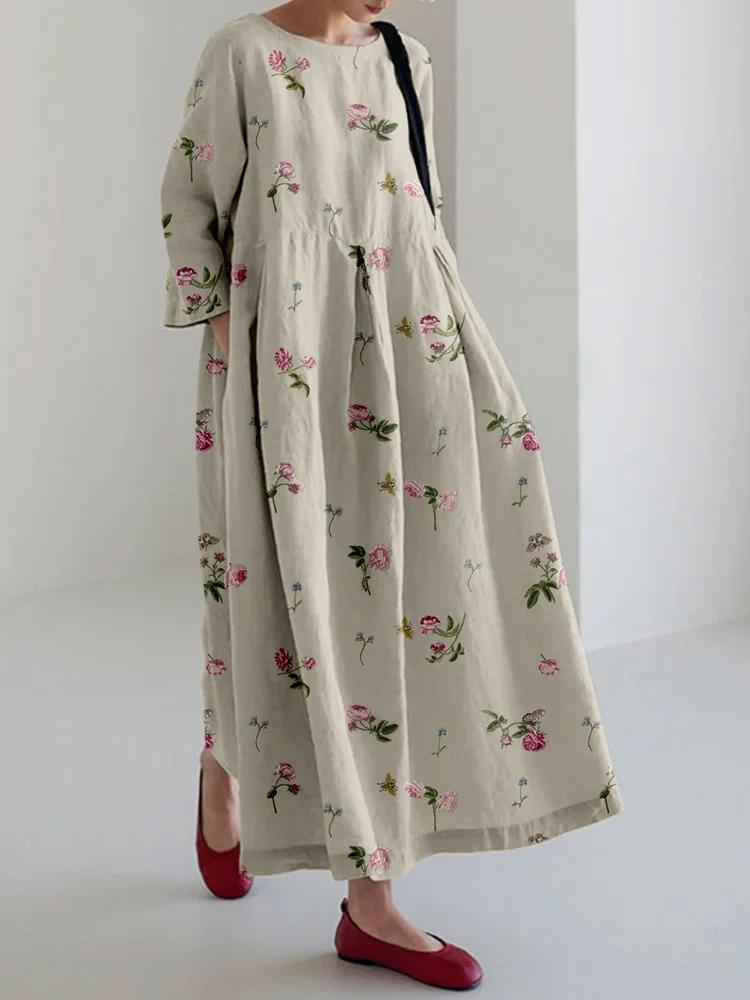 VChics Vintage Floral Art Pattern Linen Blend Maxi Dress