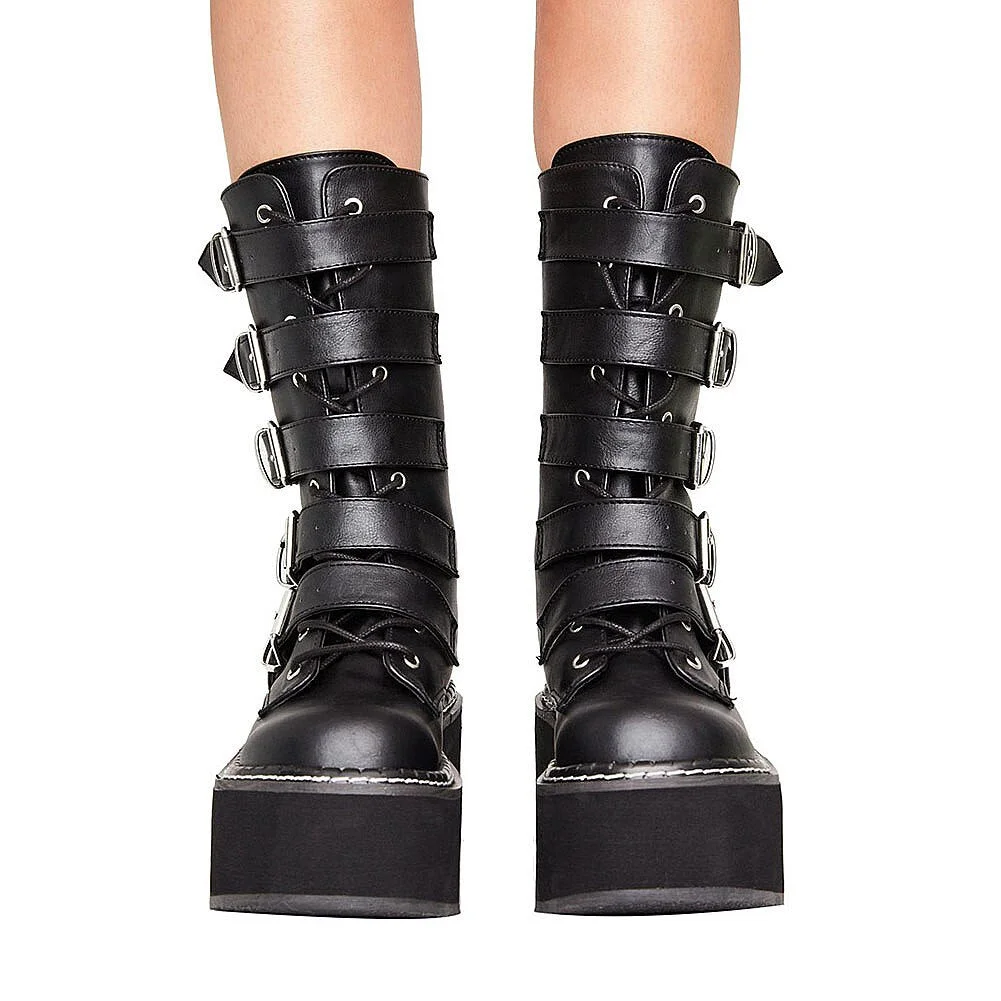 Brand 2021 Large Sizes 43 Platform Heels Motorcycles Boot Belt Buckles Fashion Cool Black Gothic Style Shoes Woman Boots Female