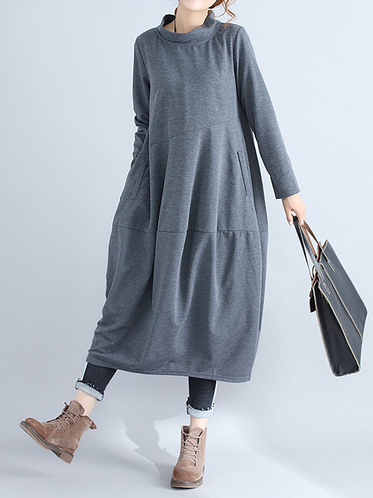 Women Daily Balloon Sleeve Pockets Solid Casual Dress