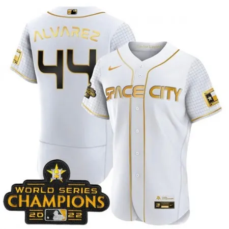 Men's Houston Astros #44 Yordan Alvarez White With 2022 World Serise Champions Patch Stitched Baseball Jersey MSEI