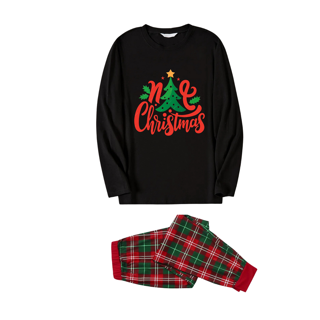 Christmas Tree with Stars and Colorful Pattern Black Top with Red & Green Plaid Pants Family Matching Pajama