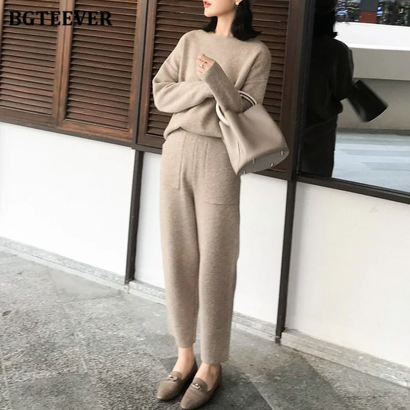 BGTEEVER 2021 Winter Casual Thick Sweater Tracksuits O-neck  Jumpers & Elastic Waist Pants Suit Female Knitted 2 Pieces Set