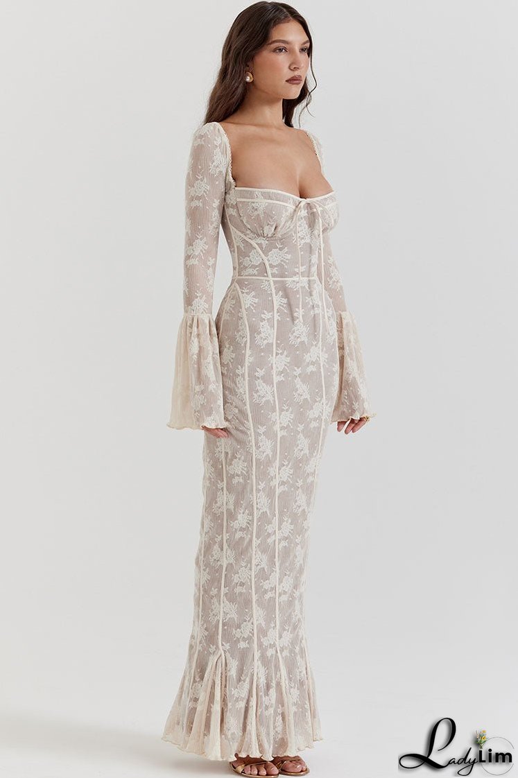 Vintage Bow Tie Pleated Floral Lace Fishtail Evening Maxi Dress - Cream